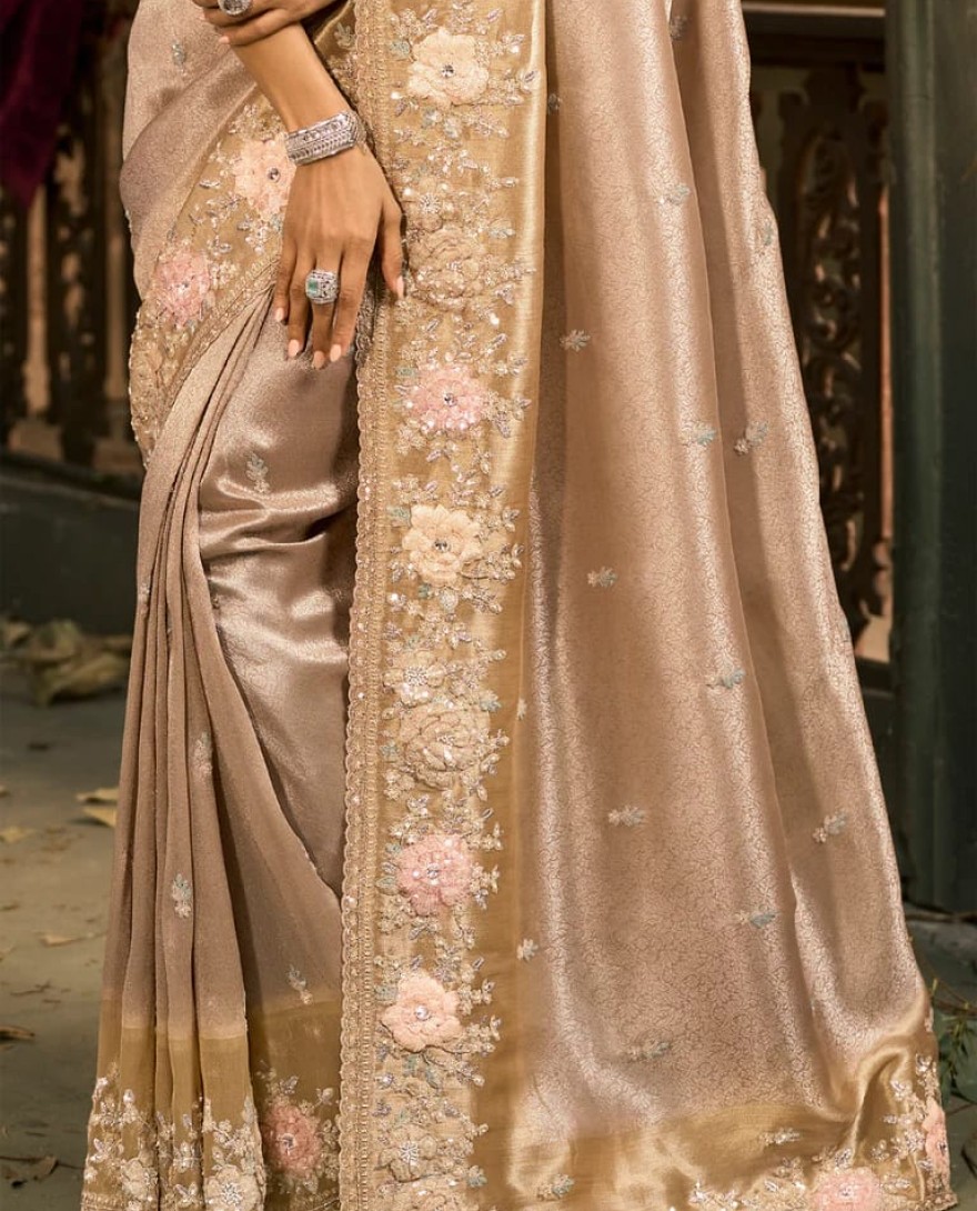 BEIGE - Beige Designer Embroidered Silk Saree with Floral Work Wedding Wear